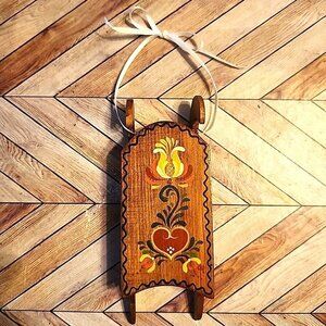 Vintage Hand Painted Christmas Ornament Sled Sleigh Folk Art Wooden